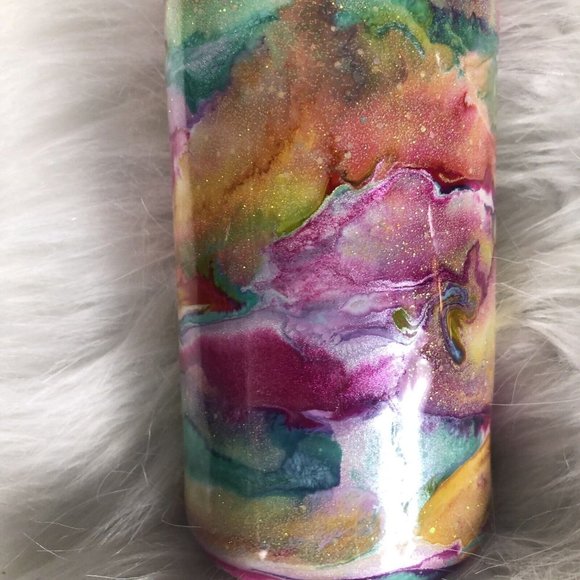 20 Ounce Tumbler Hand-Painted Pinks Pearl Teal Yellow Lid And Straw - Picture 3 of 16